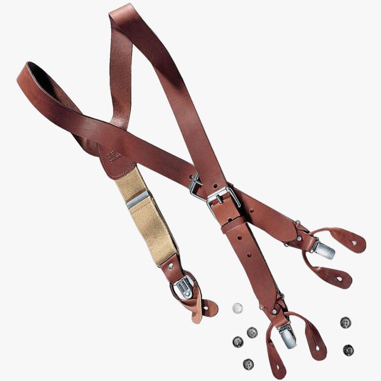 Lanières en cuir marron avec clips et divers éléments de taille.