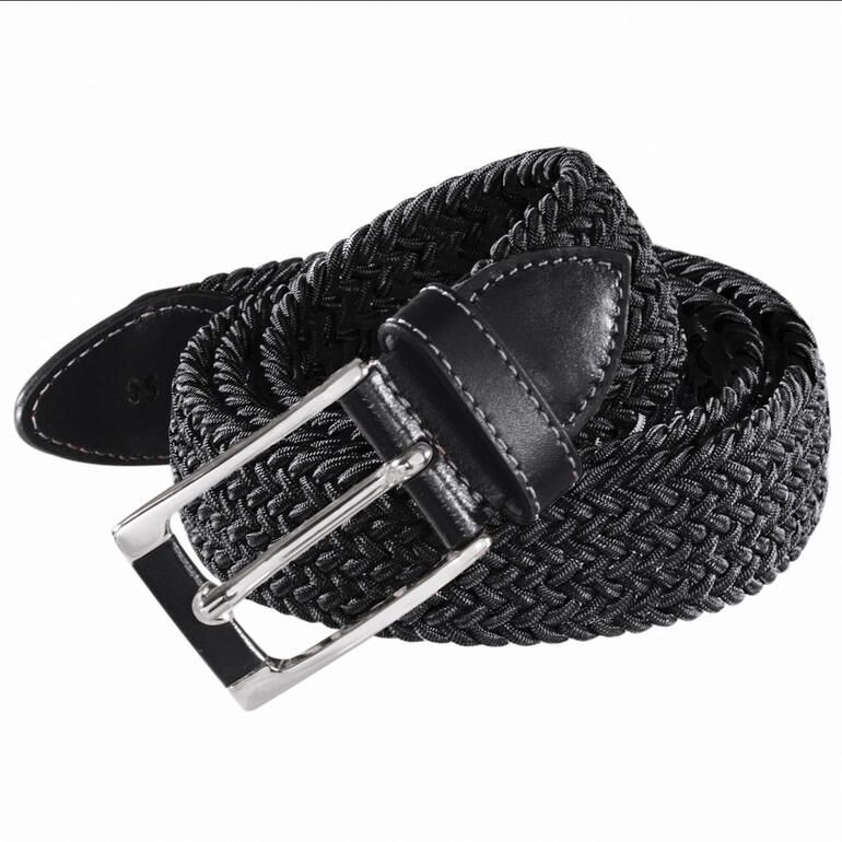 Ceinture élastique noire avec un design tissé et une fermeture métallique.