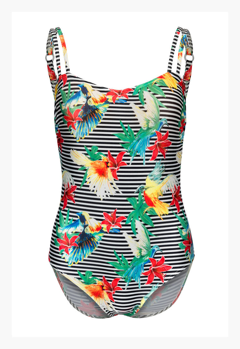 Maillot de bain avec motif tropical d'oiseaux et de fleurs en taille 36.