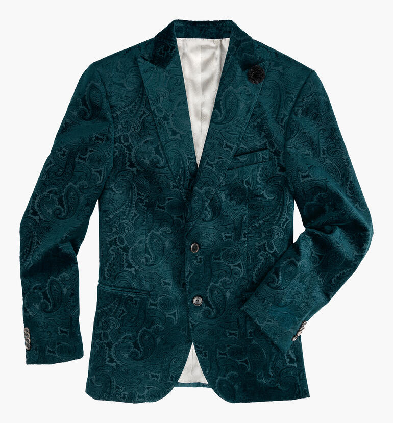 Veste paisley verte, vue détaillée avec texture et poches.