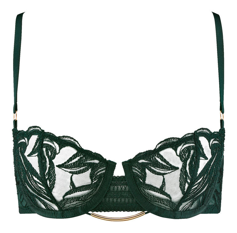 Soutien-gorge Aubade vert avec motifs floraux et bonnets rembourrés.