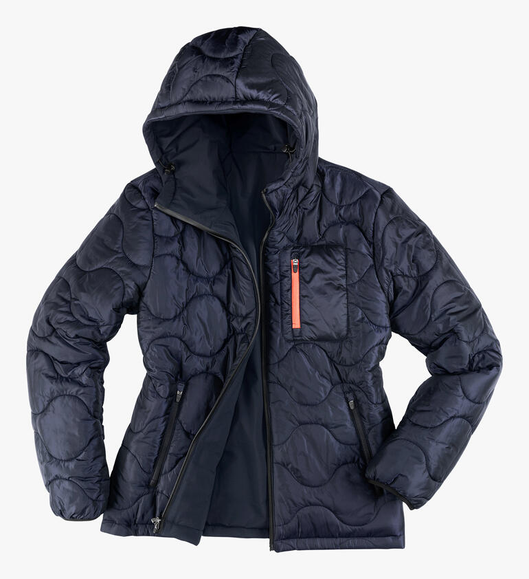 Veste réversible en softshell avec design matelassé, capuche et fermeture éclair.
