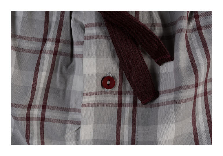 Gros plan d'une ceinture à carreaux avec un bouton rouge.