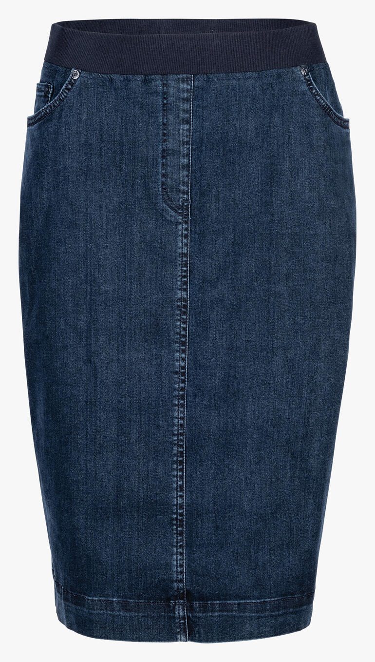 Vue de face d'une jupe en jean bleu avec taille élastique et coupe étroite.