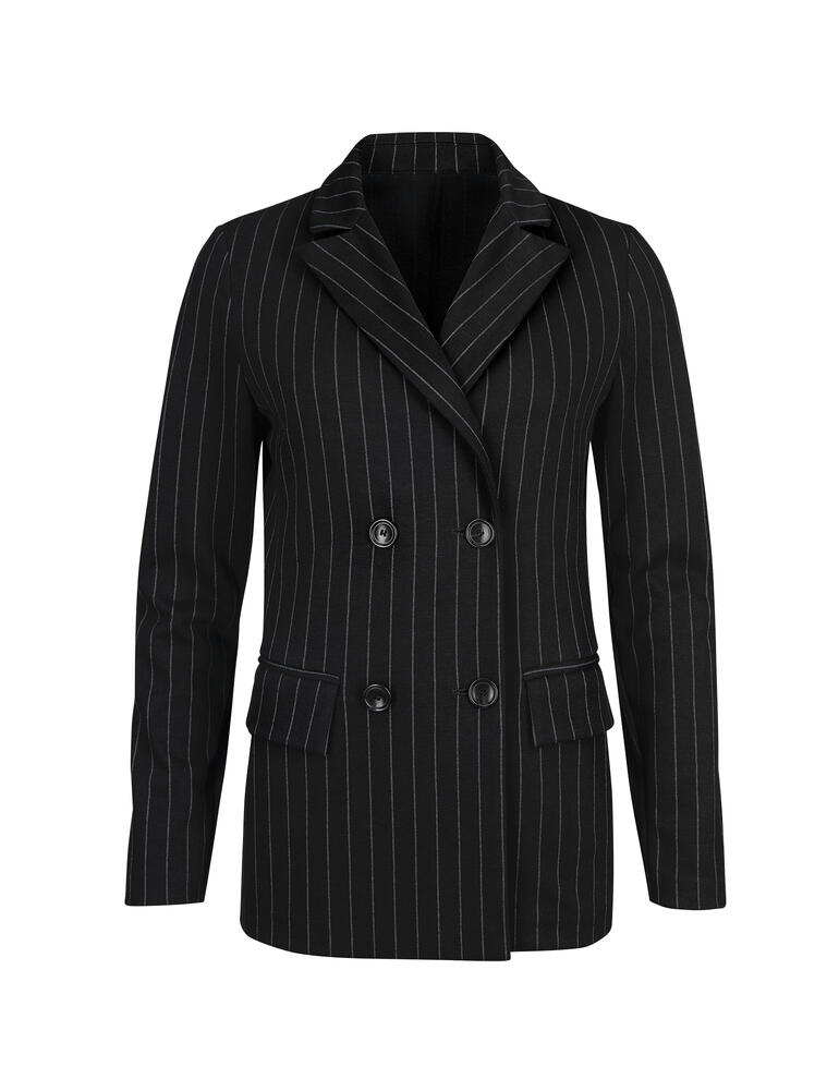 Blazer Blazer noir à rayures avec double rangée de boutons, vue de face.