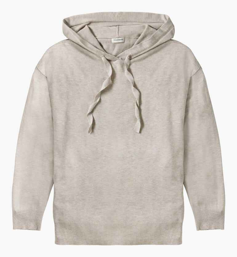 Hoodie beige avec poche kangourou et lacets torsadés.