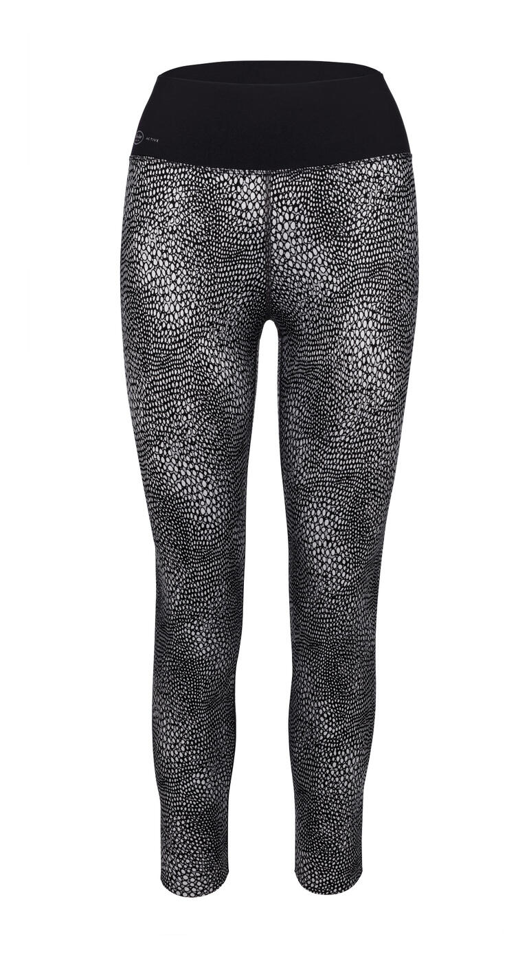 Vue de face d'un legging gris et noir avec motif.