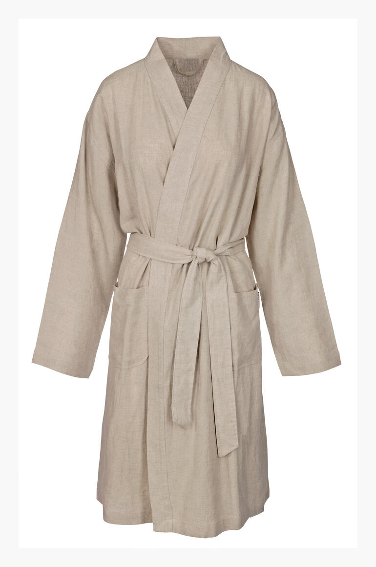 Robe de bain kimono beige vue de face sur fond blanc.