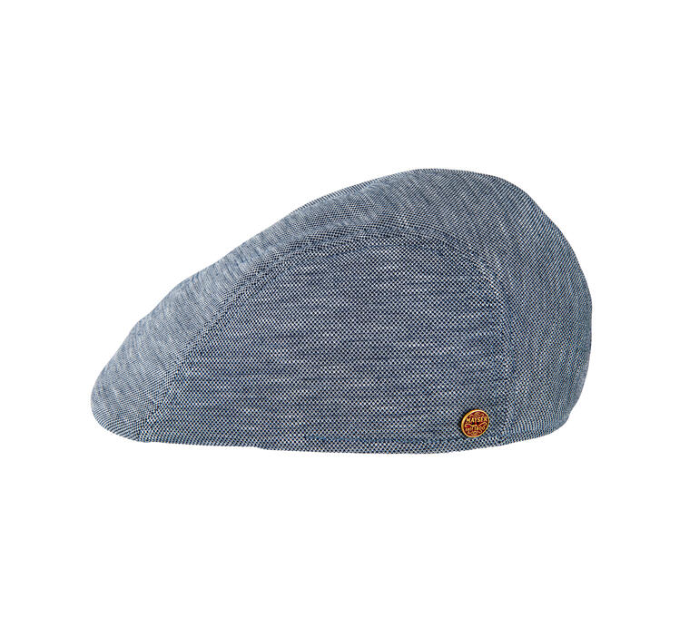 Casquette en jersey bleue avec logo sur le côté.