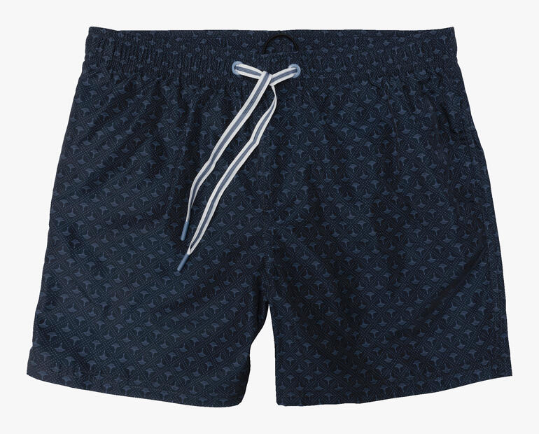 Shorts de bain JOOP! fleurs de bleuet sur un fond blanc.