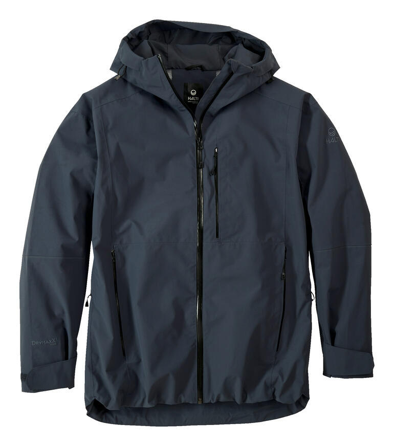 Veste hardshell noire ouverte, visible avec poches.