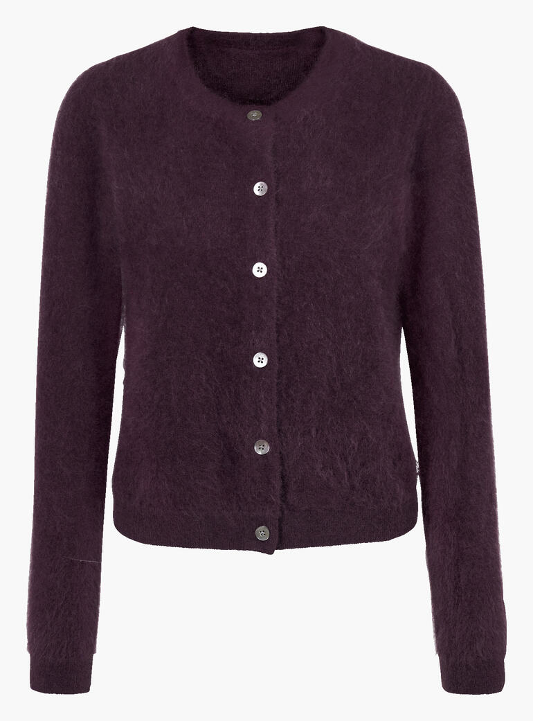 Cardigan violet foncé en cachemire en tissu doux.