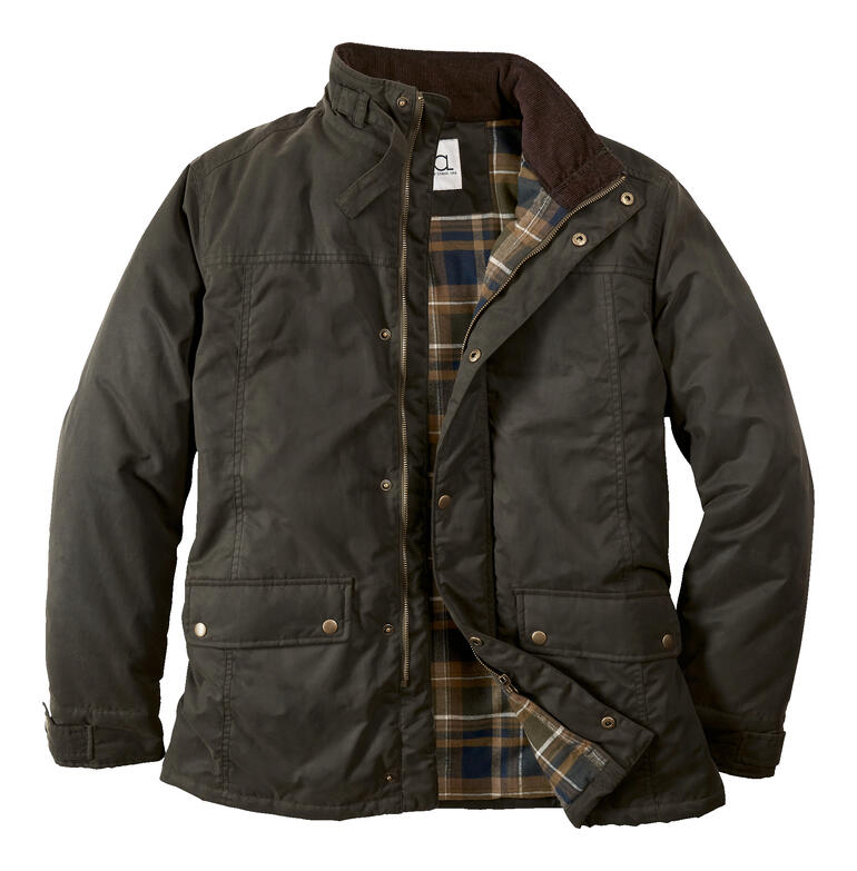 Veste d'extérieur en toile huilée olive avec motif à carreaux à l'intérieur et boutons.
