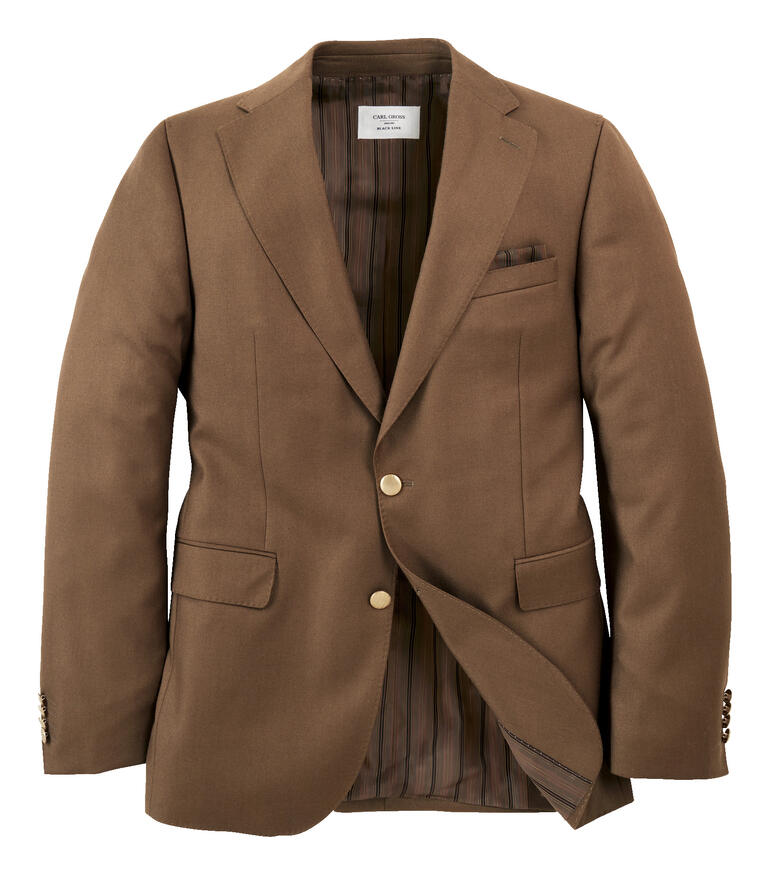 Blazer marron ouvert sur fond blanc, montrant l'intérieur.