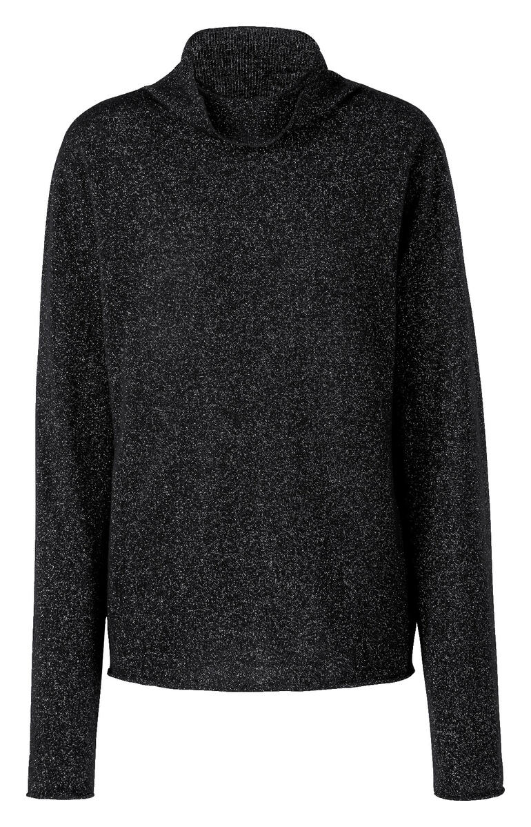 Pull glamour Junghans 1954 - Fibres naturelles luxueuses et fil lamé ultrafin : quand le glamour devient soudainement douillet. Pull-over glamour noir pour femmes, vue de face.