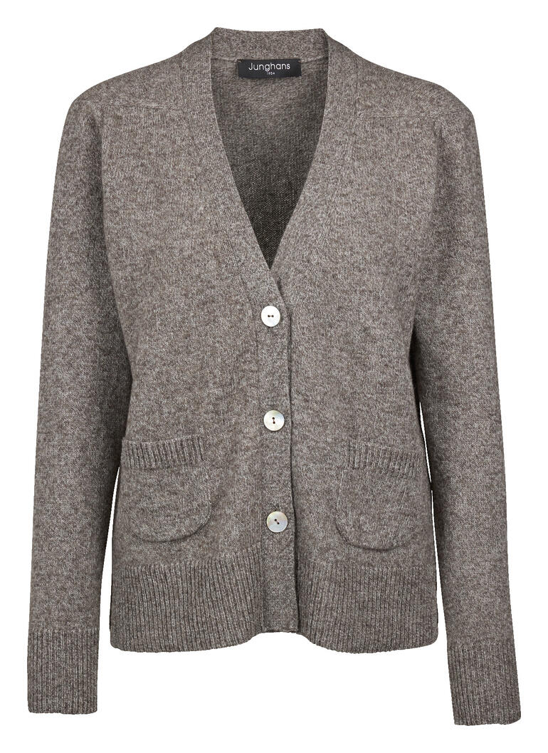 Cardigan en yak gris-brun avec trois boutons et poches.