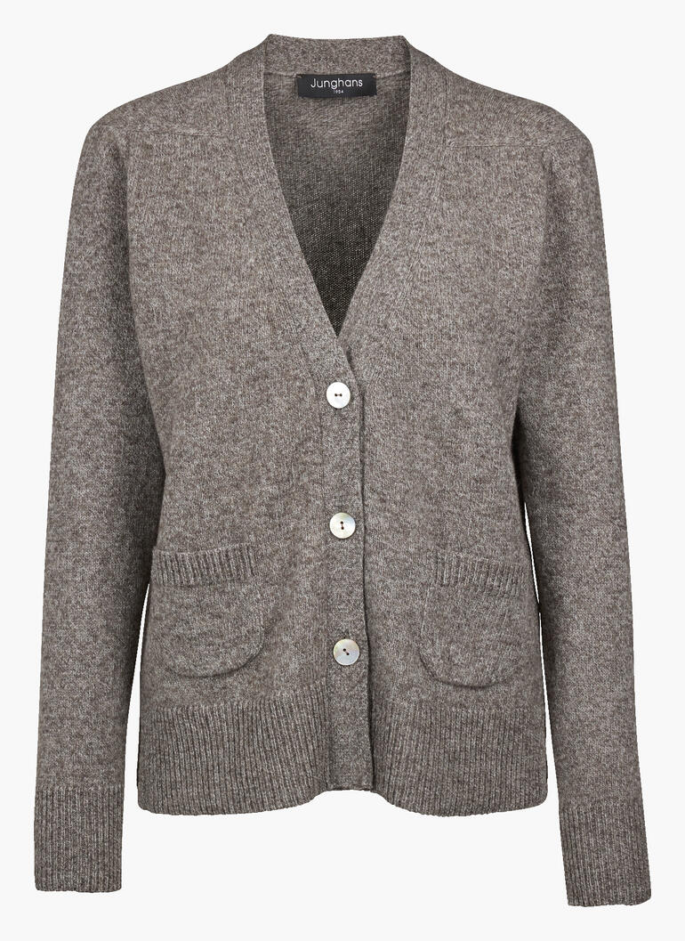 Cardigan en yak gris-brun avec trois boutons et poches.
