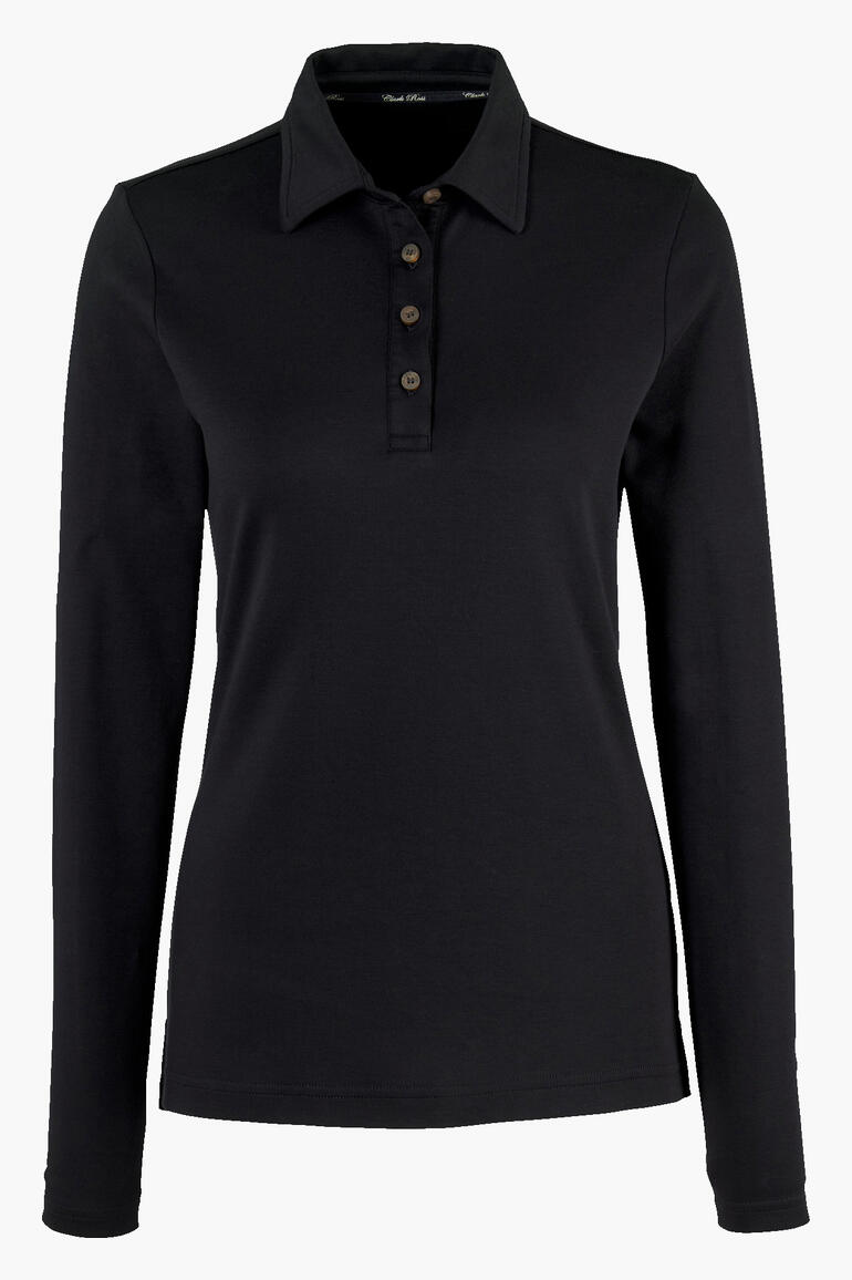 Polo en interlock Pima noir avec patte de boutonnage sur fond blanc.