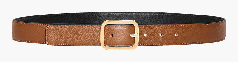 Ceinture réversible tout-en-un en brun et noir, avec une boucle dorée.