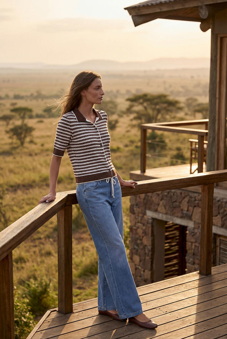 Femme portant un polo rayé café-écru au coucher du soleil