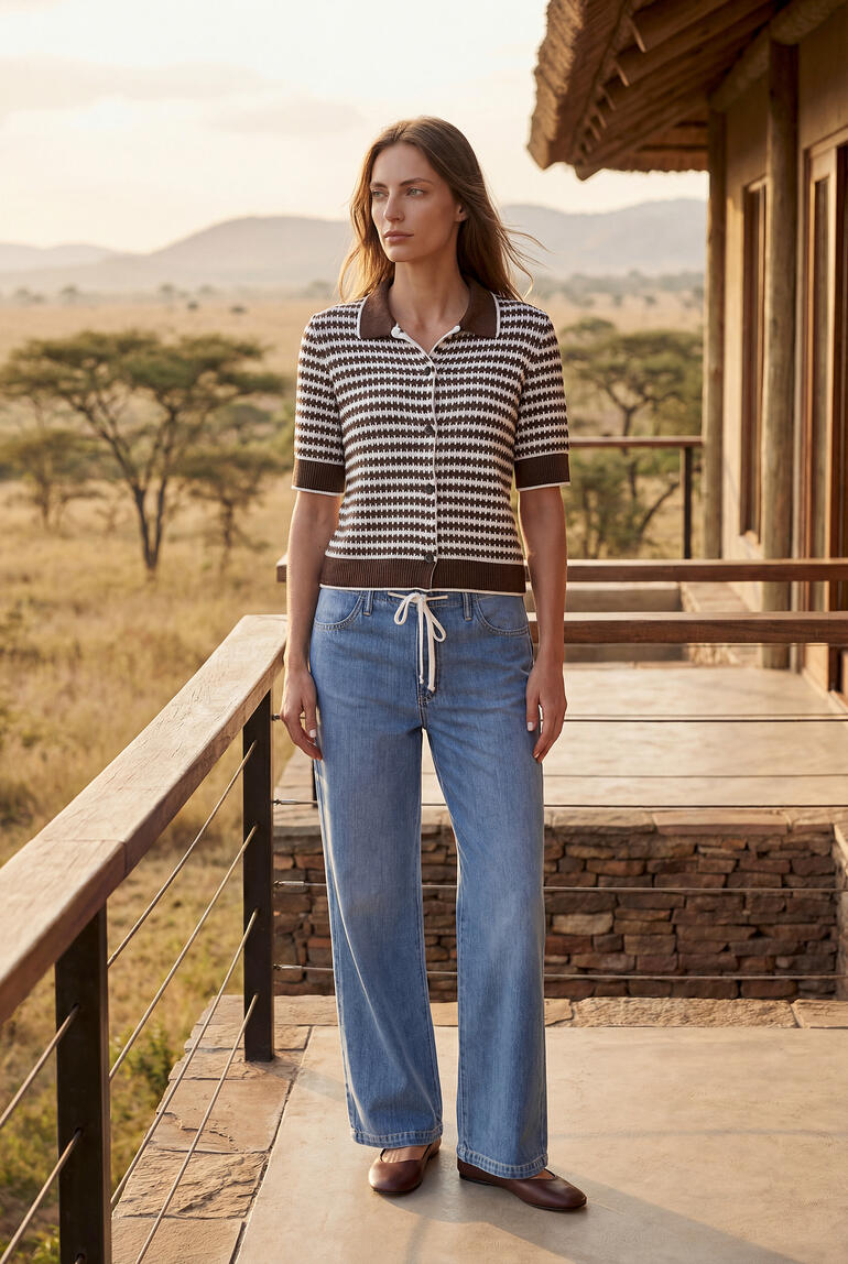 Femme en polo en tricot gaufré café-écru se tenant sur une terrasse avec vue sur la savane.