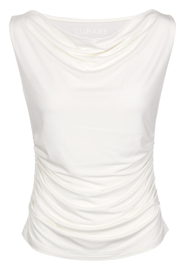 T-shirt de yoga blanc avec un col en cascade, vu de face.