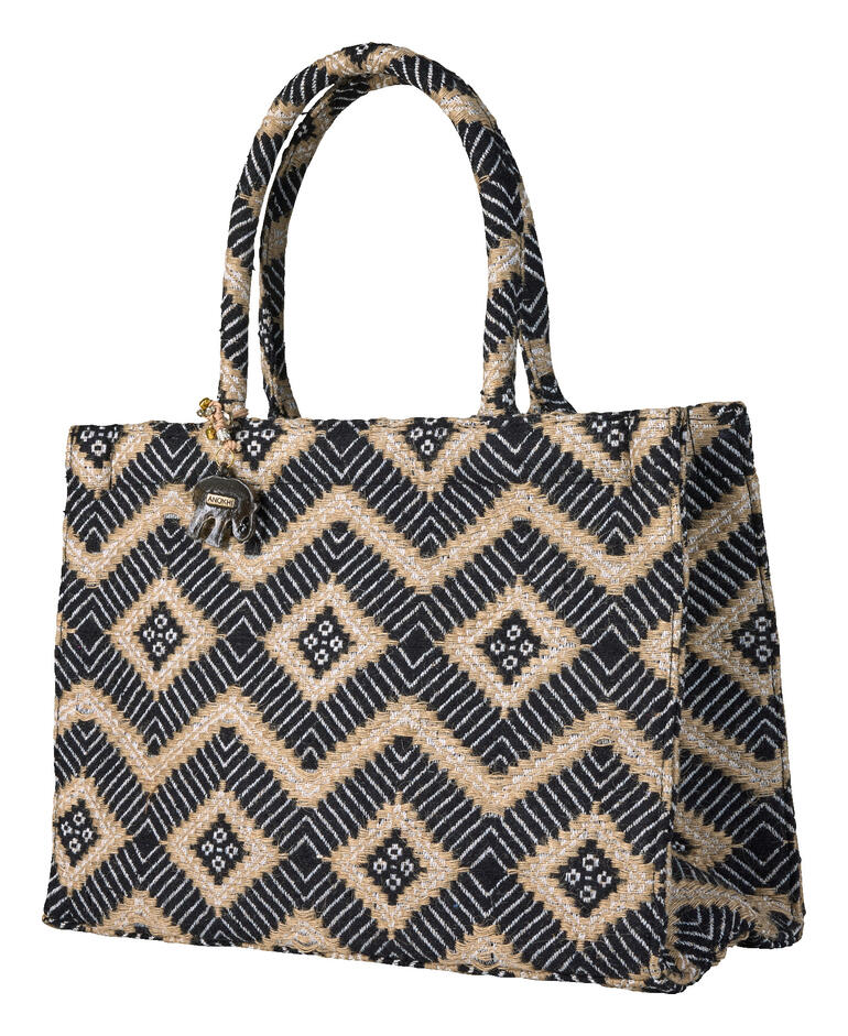 Sac fourre-tout en jacquard noir avec motif losange et anses.