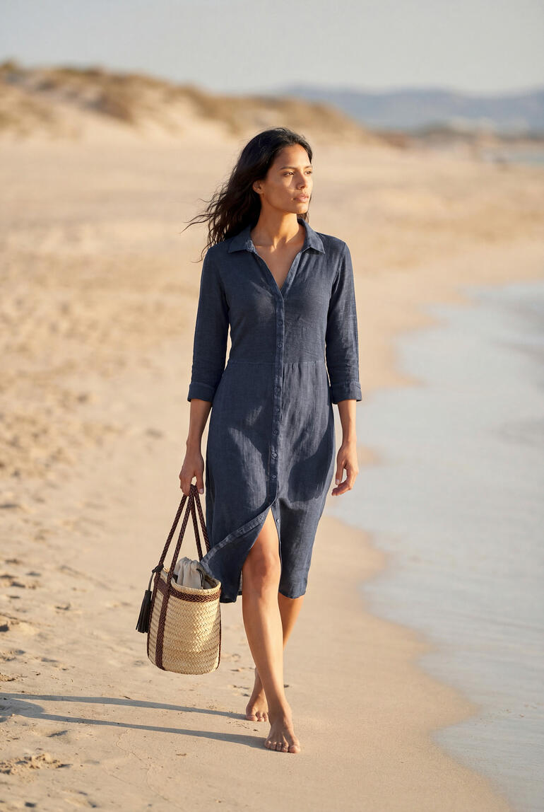 Robe combinée en lin bleu foncé, simple et confortable sur la plage