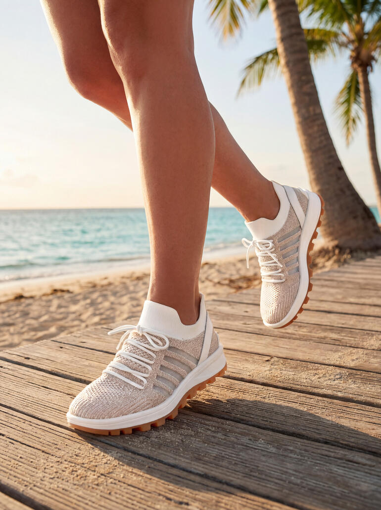 Femme portant des baskets blanches à lacets sur la plage avec des palmiers en arrière-plan.