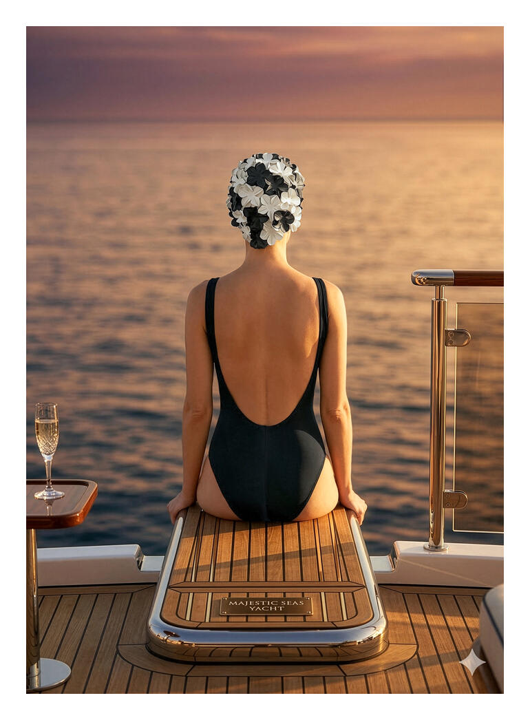Femme en maillot de bain noir avec un bonnet de bain à fleurs vu de dos.