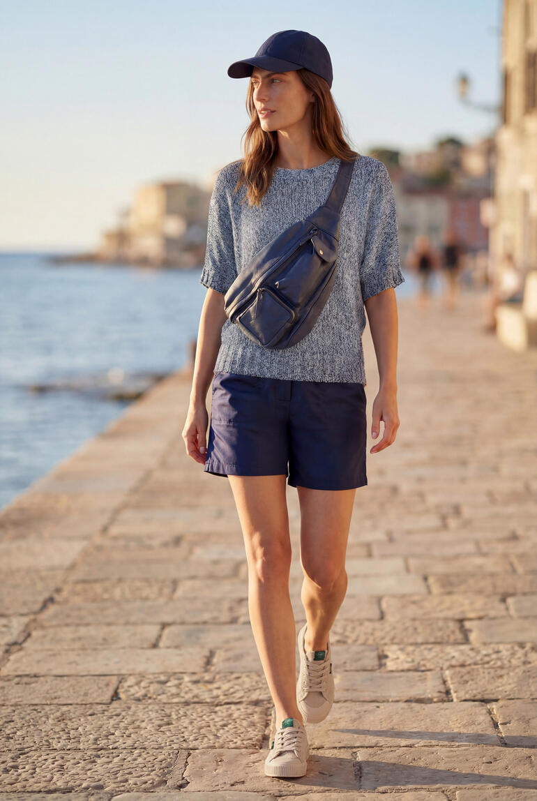 Pull bleu mélangé à manches courtes, look décontracté.