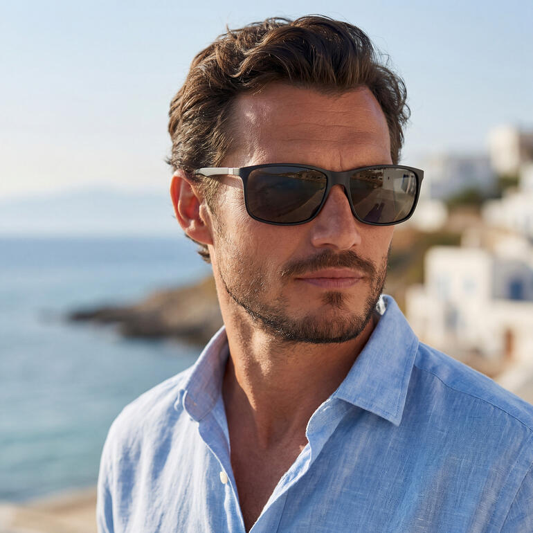 Homme avec des lunettes de soleil noires Swisseg se tenant au bord de la mer.