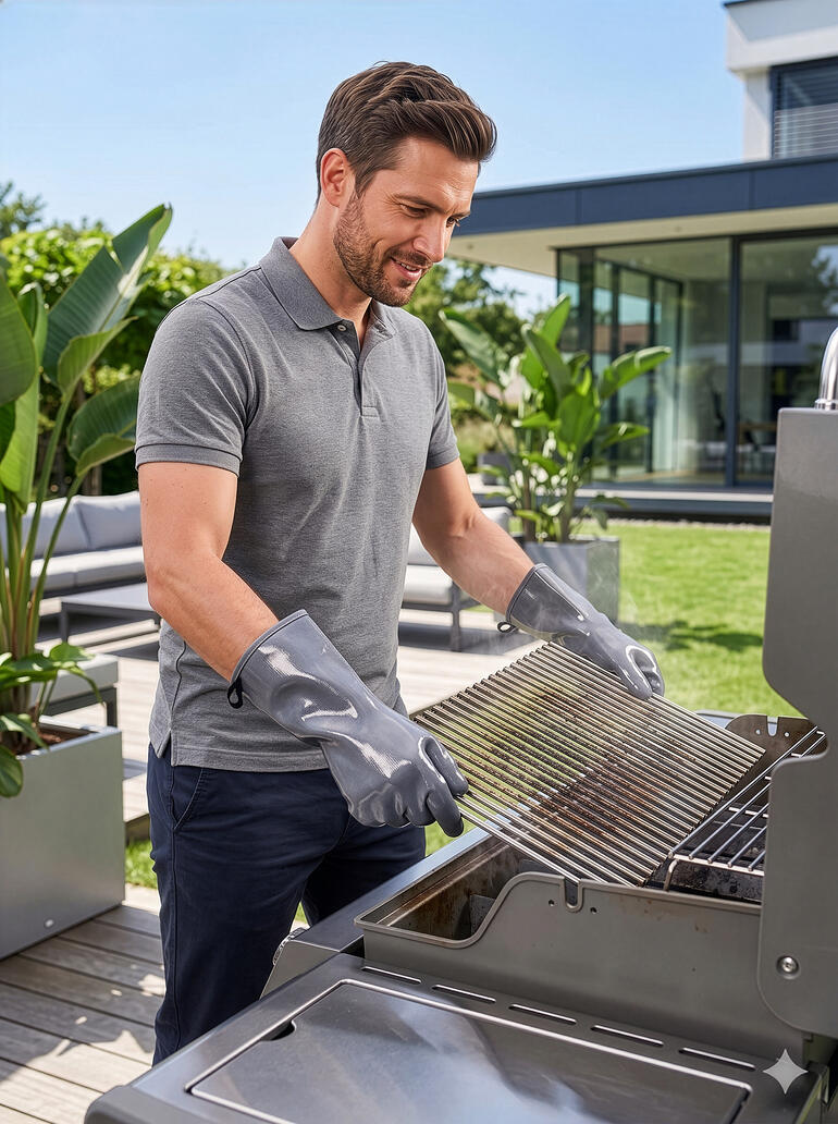 Homme en train de griller avec des gants dans le jardin