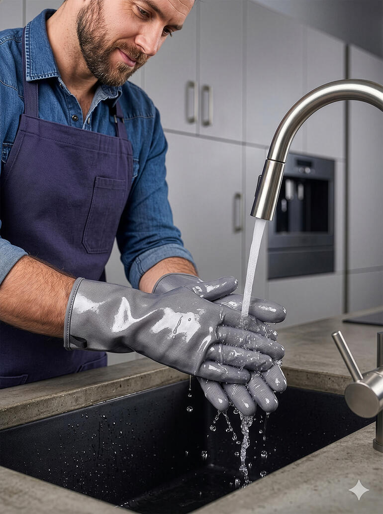 Homme portant des gants gris lave ses mains à l'évier