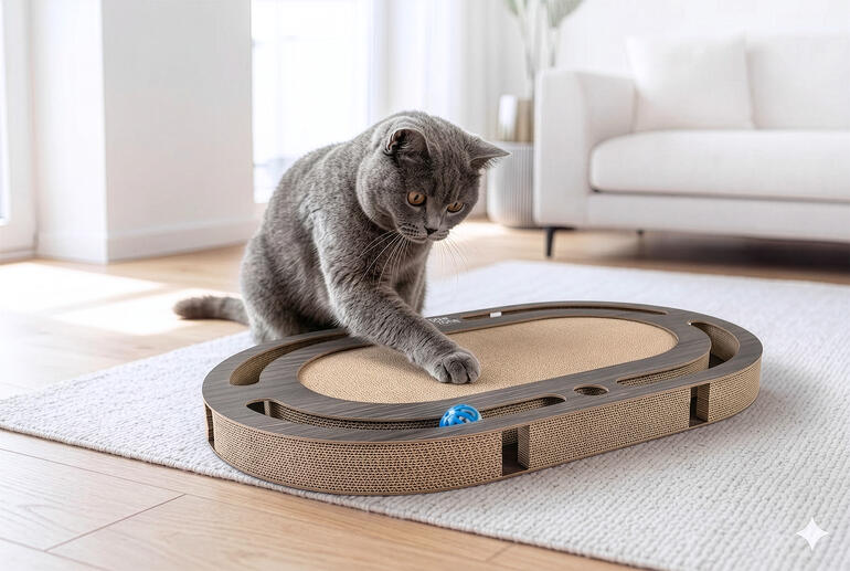 Chat jouant avec un jouet à gratter dans le salon sur un tapis clair.