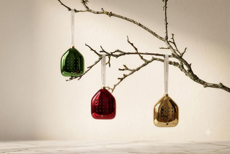 Décorations de Noël acoustiques sur une branche sèche.