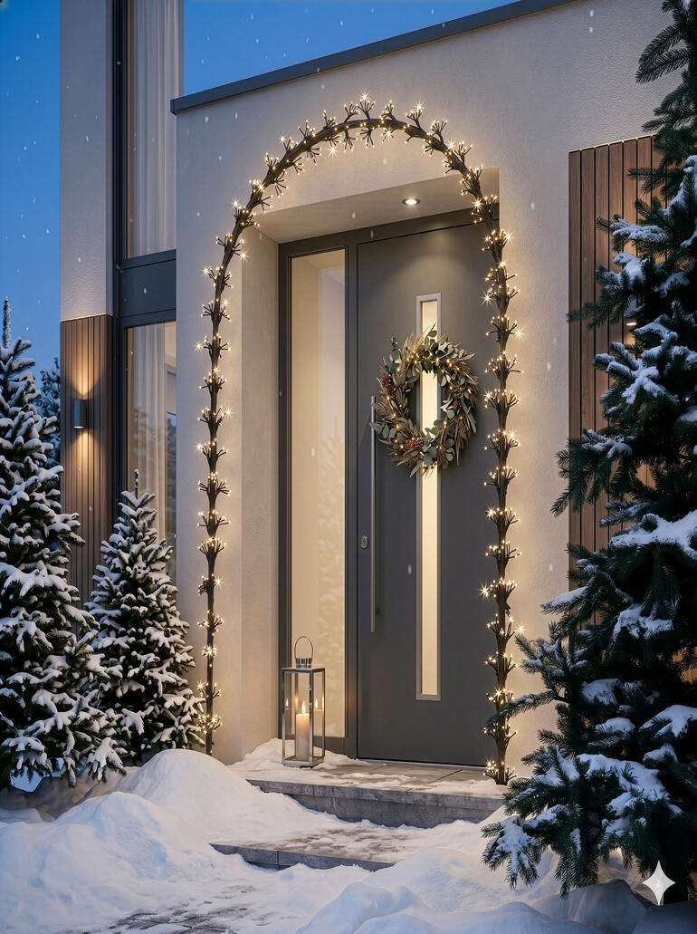 Porte d'entrée décorée pour Noël avec un arc lumineux dans la neige.