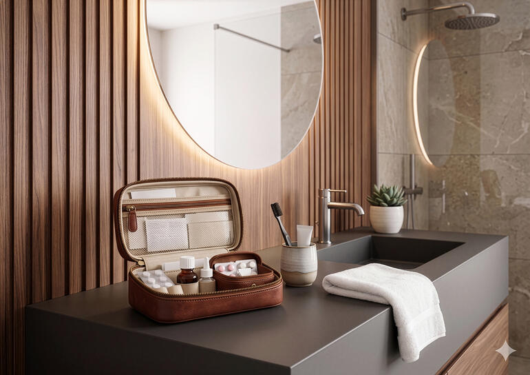 Trousse à médicaments en cuir de buffle dans une salle de bain moderne.