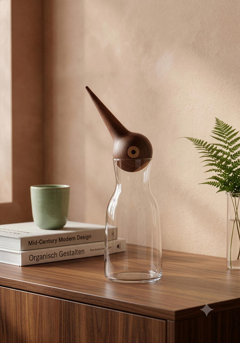 Objet en bois en forme d'oiseau avec une bouteille.