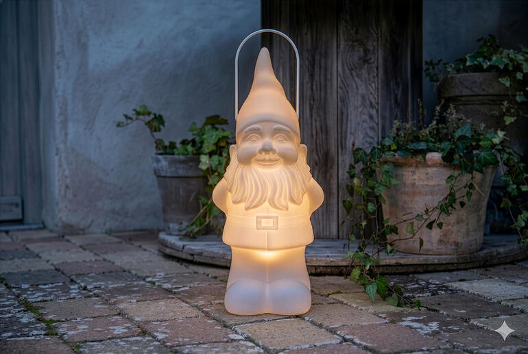 Gnome de jardin LED avec lumière douce, placé sur un sol en briques près de pots de fleurs.