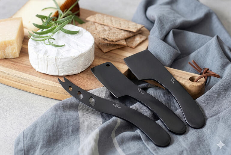 Trois couteaux à fromage sur une planche en bois avec des collations