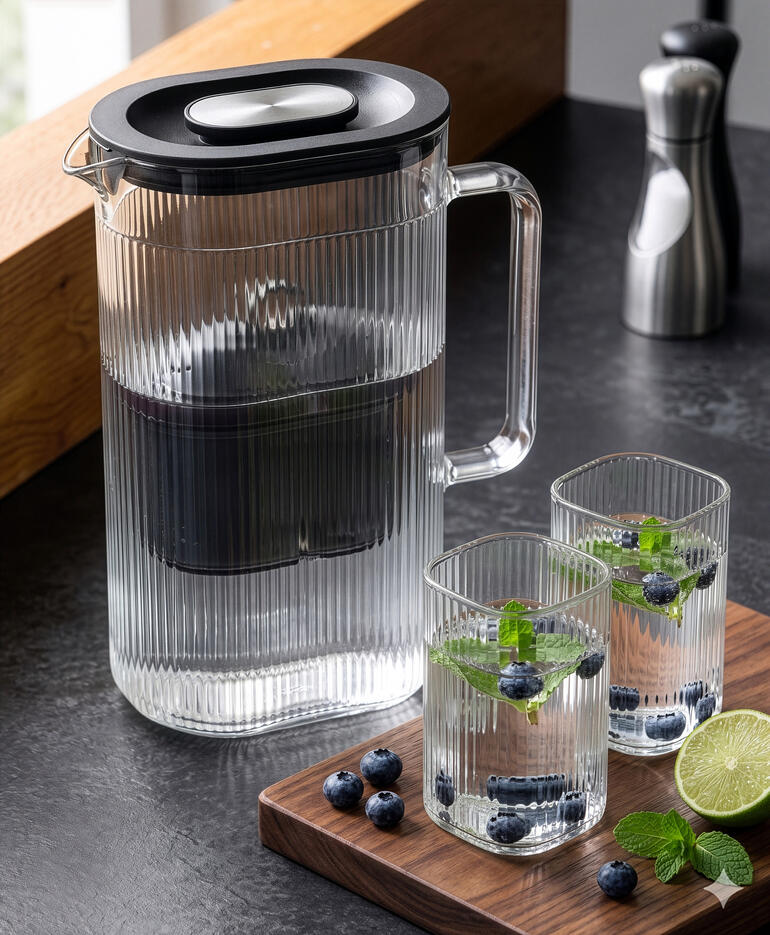 Carafe filtrante avec un verre supplémentaire et des herbes fraîches.