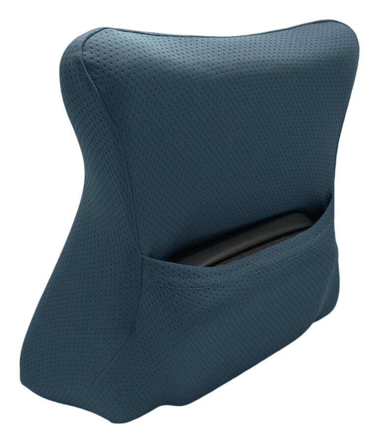 Coussin de voyage bleu avec forme ergonomique et poche arrière.