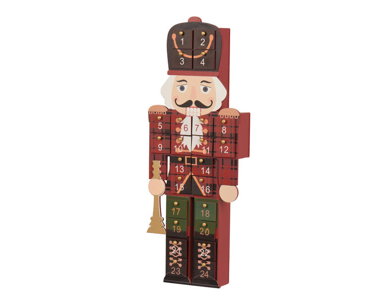 Calendrier de l'Avent casse-noix avec des portes visibles et des décorations de Noël.