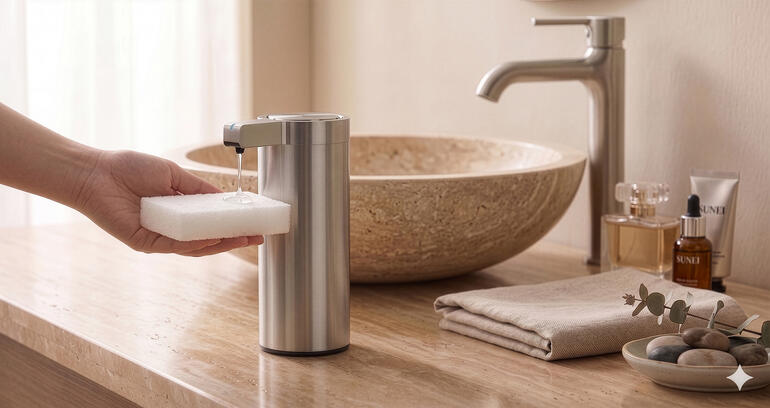 Distributeur de savon design avec capteur attrayant pour lavabo dans un style moderne