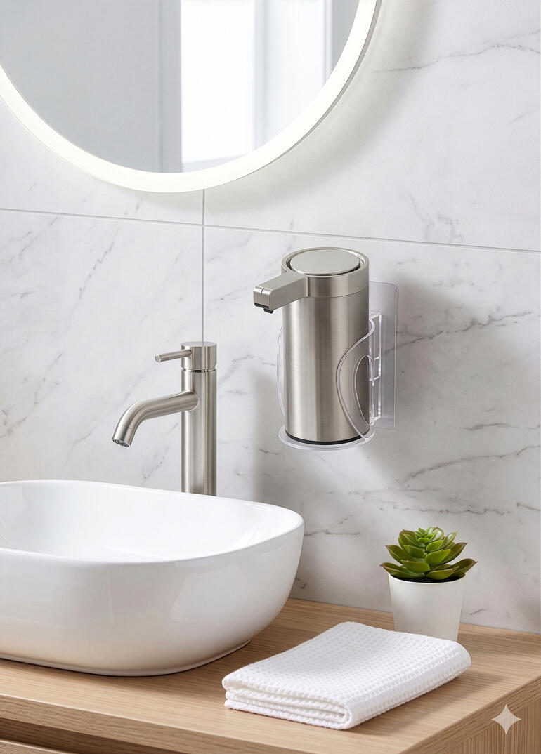 Distributeur de savon design avec doseur automatique sur un mur de salle de bain.