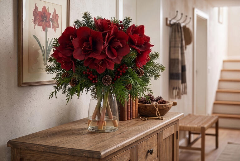Bouquet d'amaryllis rouge dans un vase transparent sur une table en bois.