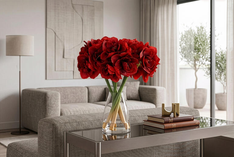 Bouquet d'amaryllis généreux dans un vase sur une table en verre avec un canapé en arrière-plan.