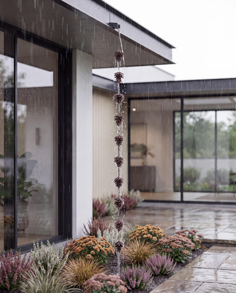 Chaîne de pluie en cônes suspendue à côté d'une maison moderne pendant la pluie.