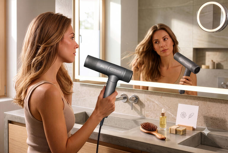 Femme utilisant un sèche-cheveux Solis devant un miroir.